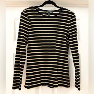 Lauren Ralph Lauren Black Gold Metallic Stripe Long Sleeve Tee Top sz Medium